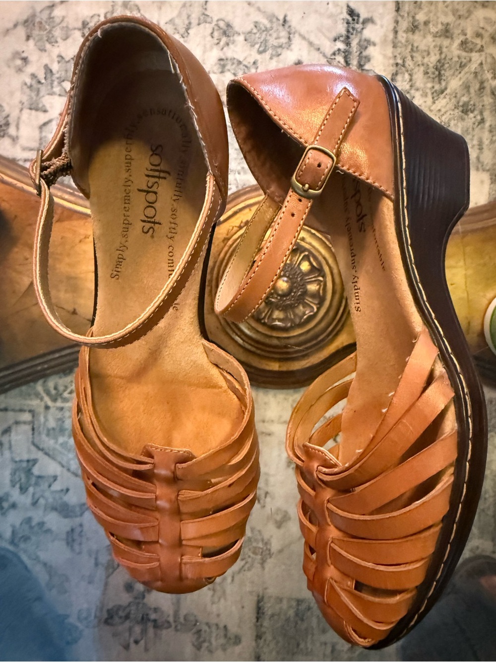 Softspots Tatianna Cognac Tan Leather Hurache Fisherman Wedge Sandals 7.5